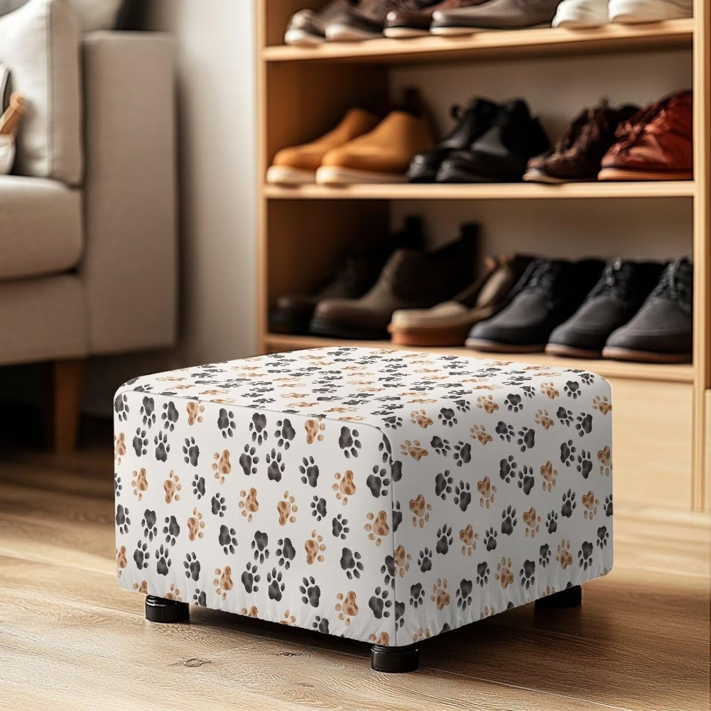 Cugasmaru Ottoman Cover Rectangle Pet Paw Print Ottoman Slip Cover with Pattern Small Bench Covers Slipcover Rectangle Furniture Protector with Elastic Bottom for Living Room Decor