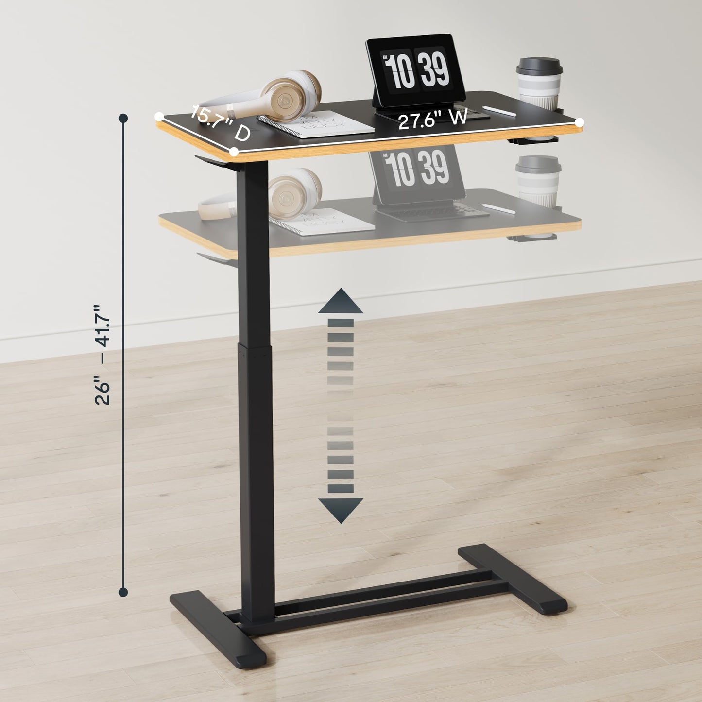 FLEXISPOT H7 Adjustable Overbed Bedside Table with Wheels Pneumatic Mobile Standing Desk Laptop Desk Rolling Computer Cart Movable Overbed Tables Hospital Home Use(27.6" W x 15.7" D, Black Maple)