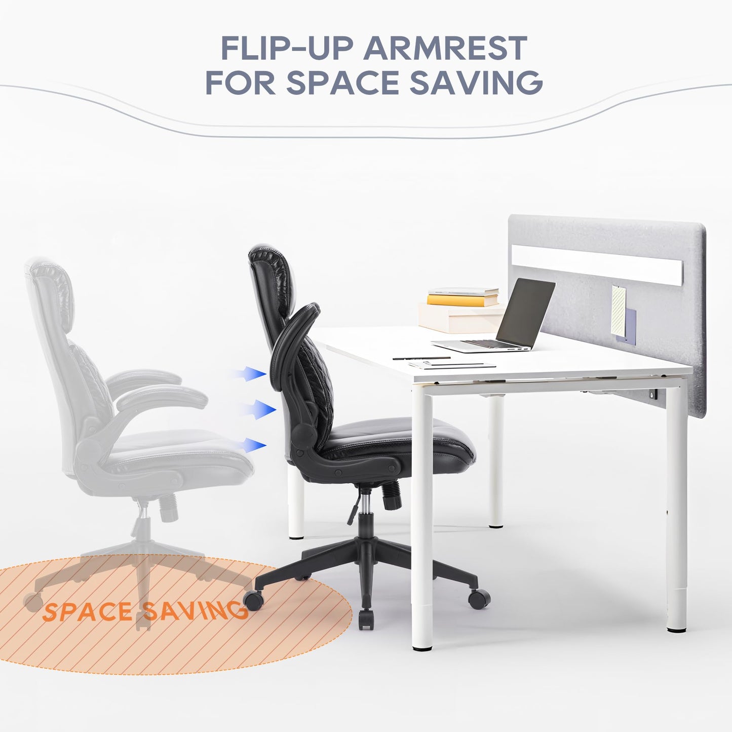 High Back Executive Office Chair-Ergonomic Computer Chair with Flip-up Arms, Executive Leather Office Chair, Adjustable Tilt Tension, Swivel Rolling Home Office Desk Chair-Black,300lbs