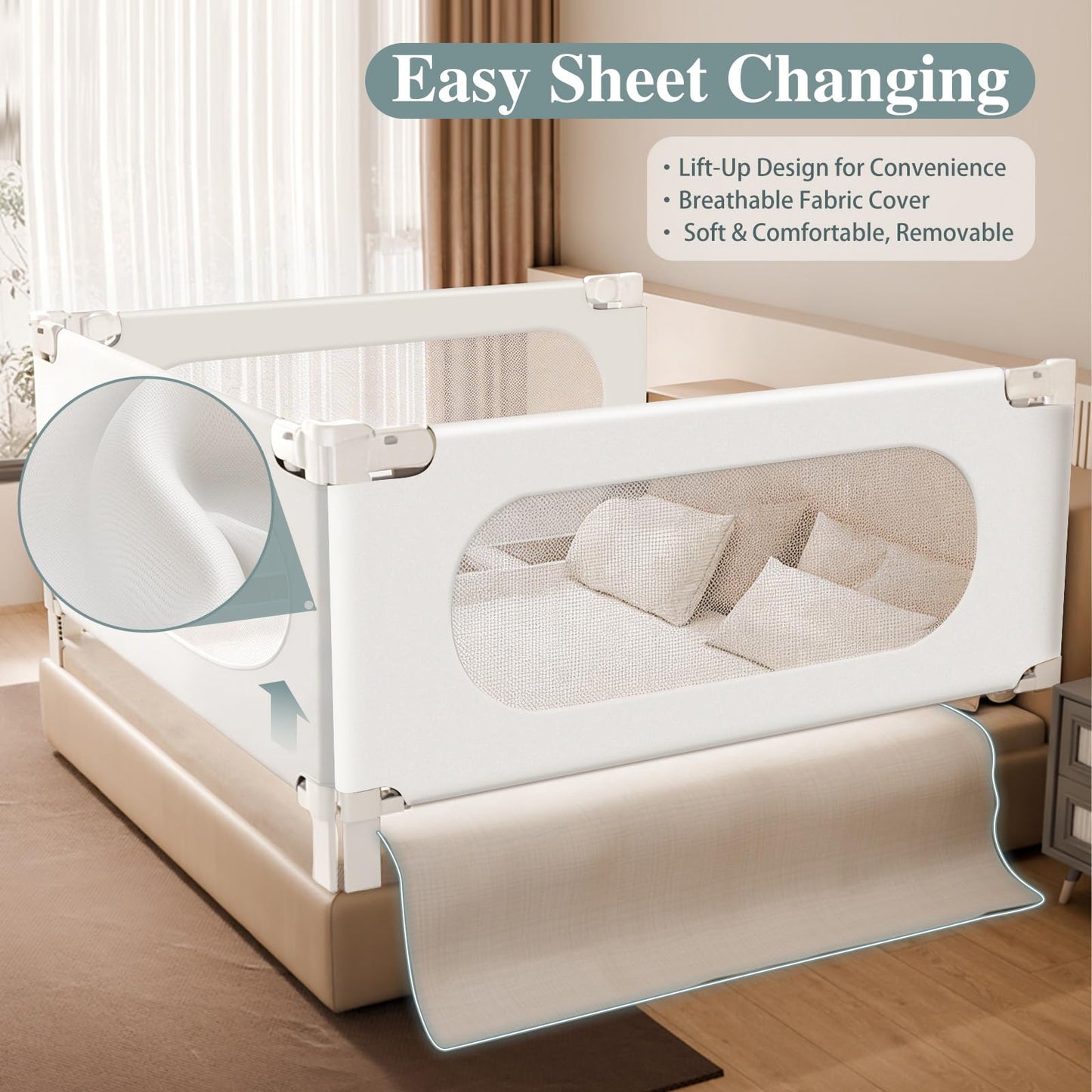 3 Piece Bed Rail for Toddlers, Bed Rails for King Bed, Double Lock Kids Bed Guard with Seamless Fit, Single-Side Lifting Design, Breathable Mesh & Thick Padded Cover (74.8*74.8*39 Inch- Twin Size)