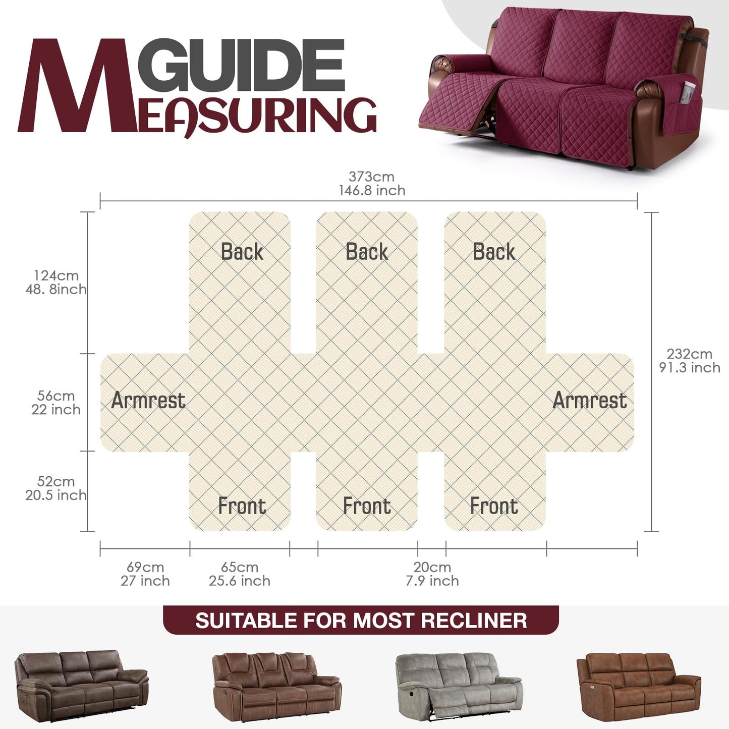 KinCam Recliner Sofa Covers for 3 Seat, 100% Waterproof Reclining Couch Covers, Non-Slip Recliner Couch Cover Furniture Protector with Elastic Straps for Pets, Kids, Burgundy