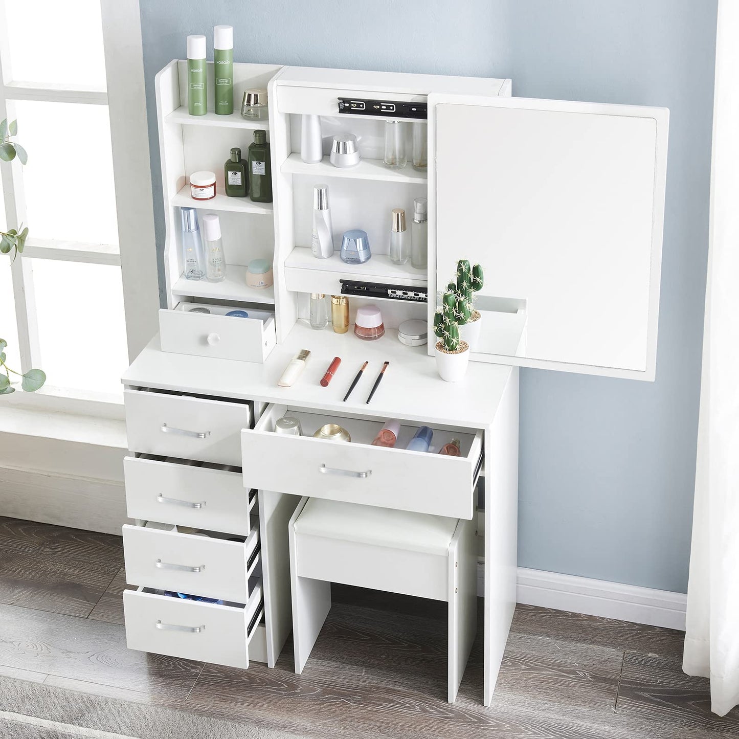Makeup Vanity Set with Lights and Mirror Vanity Dressing Table with Drawers and Stool Shelves Makeup Vanity Desk for Bedroom Furniture for Girls Women