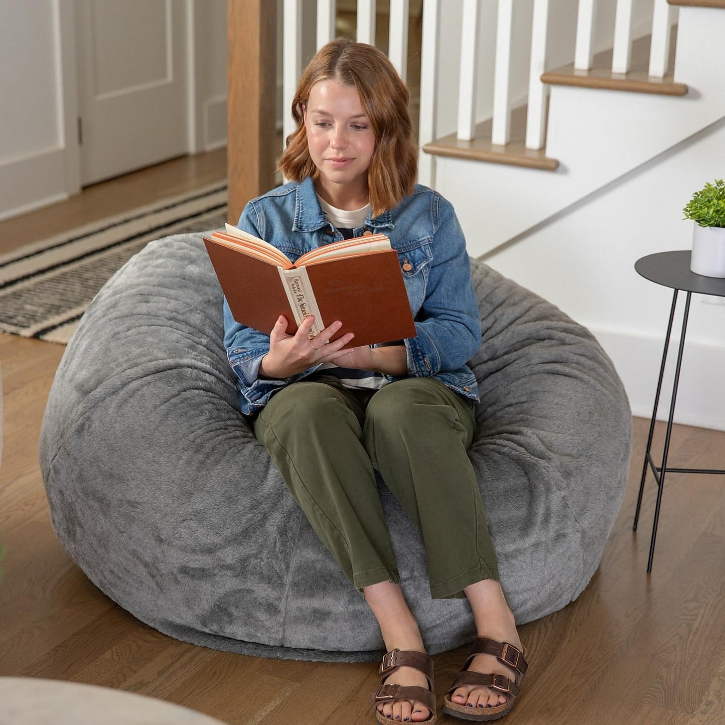 Flash Furniture Duncan Oversized Gray Furry Bean Bag Chair for Kids and Adults