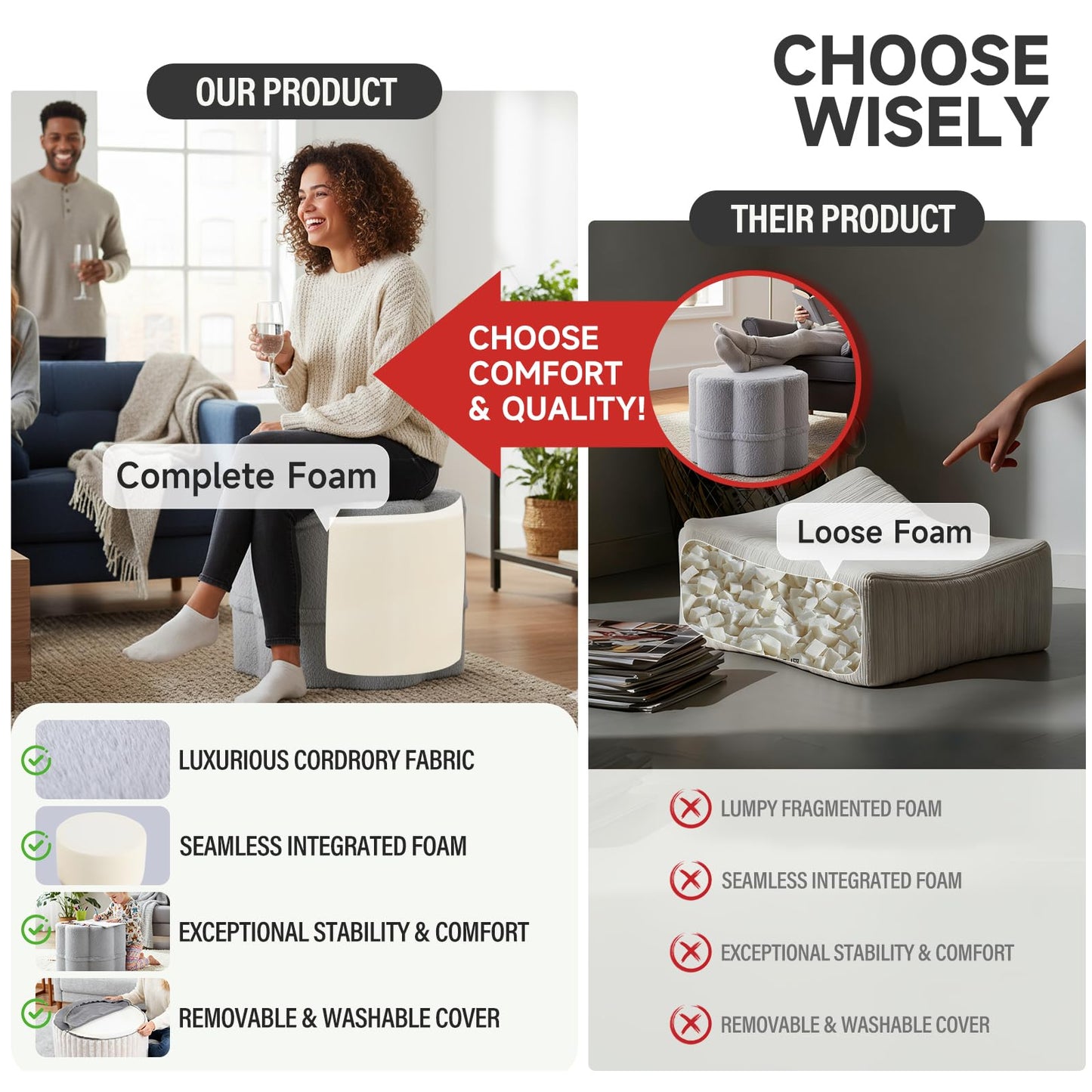 Tiita Floral Pouf Ottoman, Foot Stools Ottoman with Foam Chunk Filling, Puff Foot Rest for Couch, Living Room, Kids Room, Grey