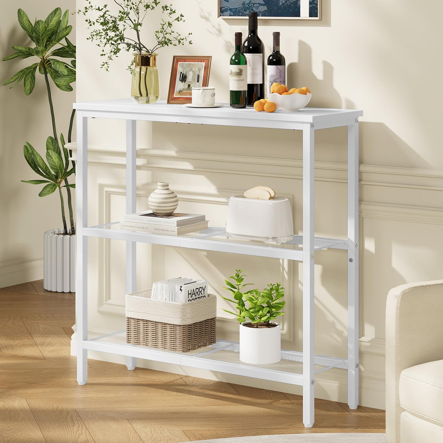 HOOBRO 29.5" Narrow Console Table, 3 Tier Entryway Table with Shelves, Thin Sofa Table, Behind Couch Table, Display Side Table, for Hallway, Entrance, Living Room, White WW73XG01