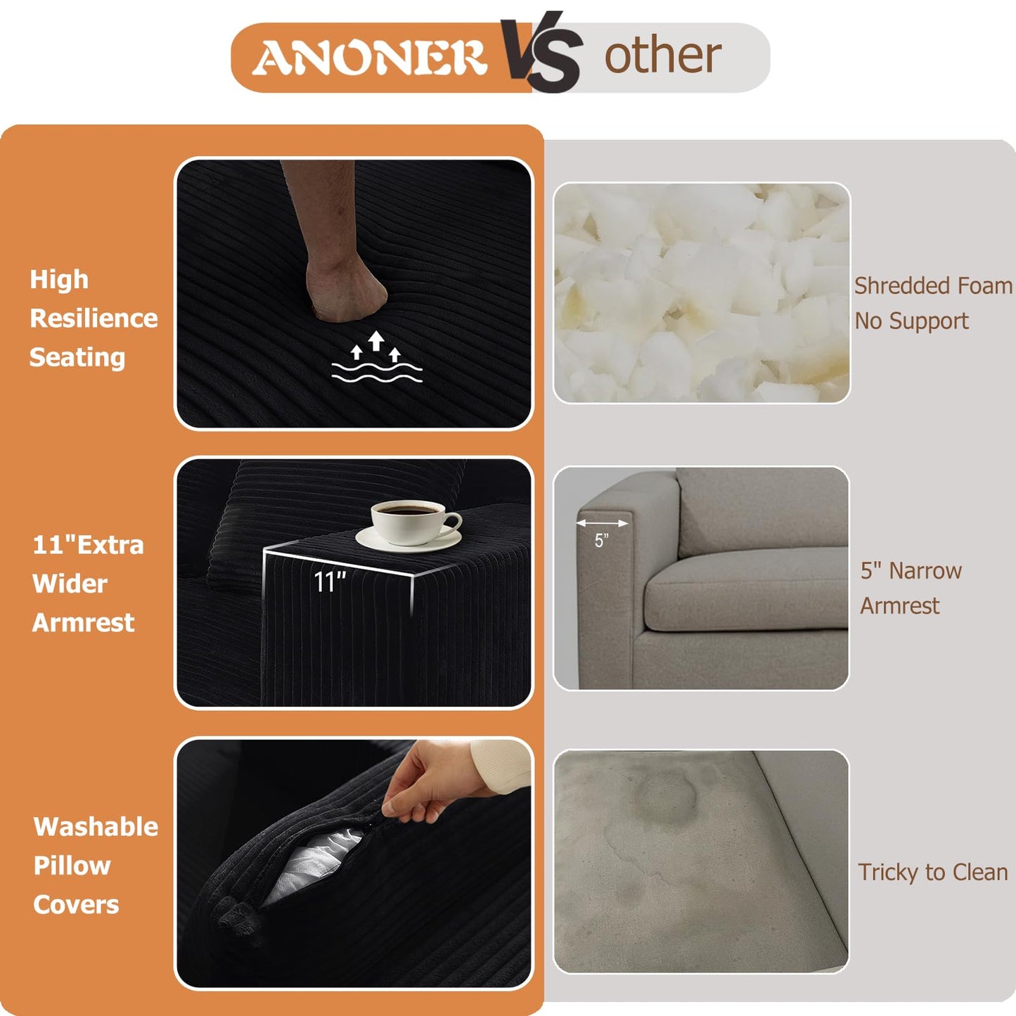ANONER 103” Modular Sectional Sofa - L Shaped Upholstered Cloud Couch, Free Combination Deep Seat Corner Sofa, Sectional Couches for Living Room, Modern Minimalist Couch, Black