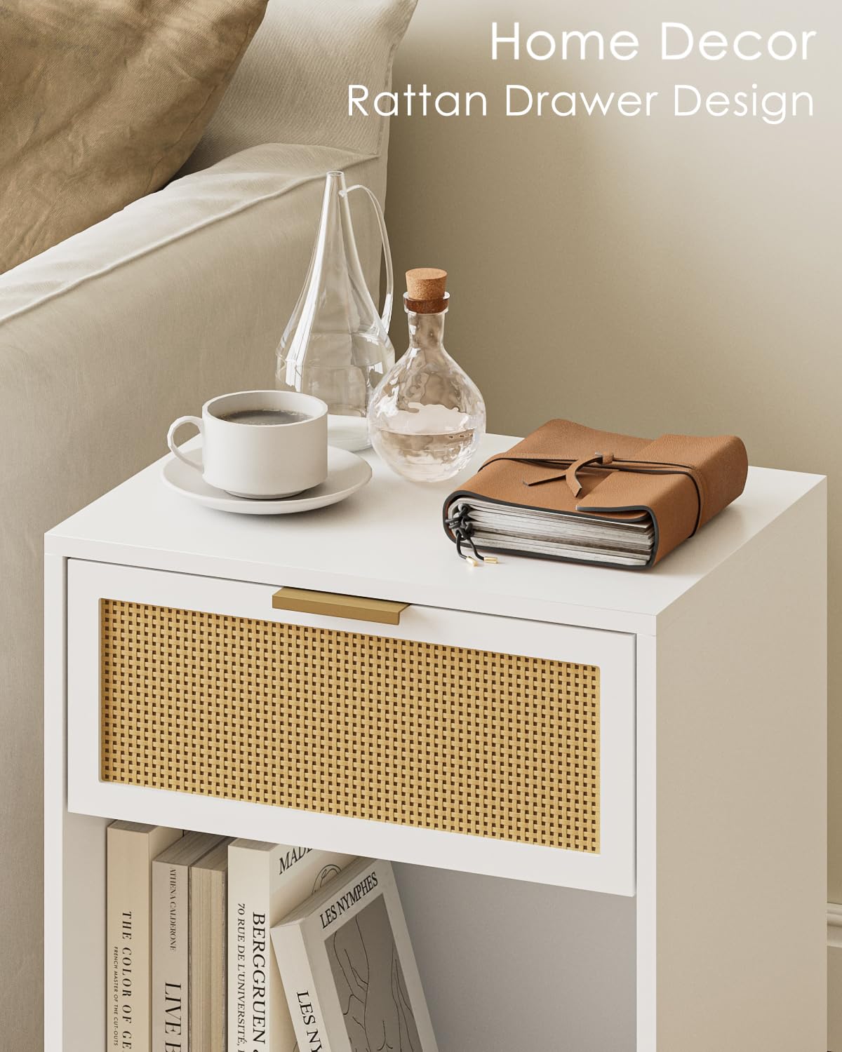 Masupu Rattan Nightstand,Modern Night Stand Boho Farmhouse Wood Bedside Table with Storage Drawer Side End Table for Bedroom,Office,White