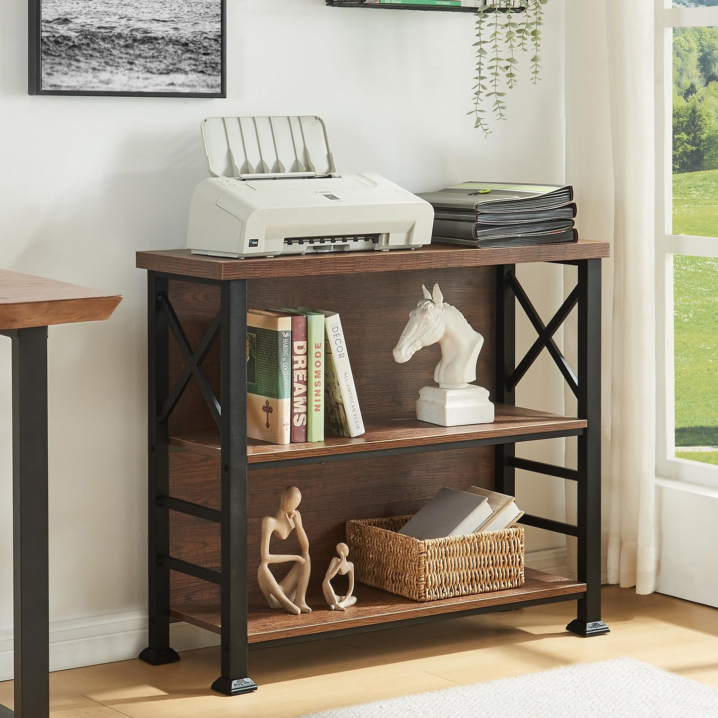 HOMBAZAAR 3-Tier Small Bookshelf, 35.4 Inch Short Book Shelf with Sturdy Metal Frame & Wood Shelves, Rustic Brown Industrial Bookcase for Living Room, Bedroom, Office