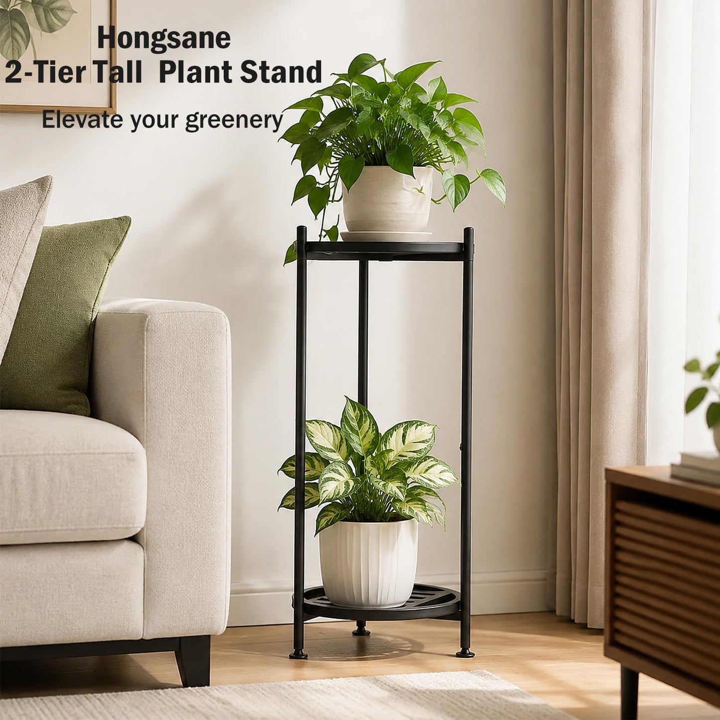 Hongsane Plant Stand Indoor Outdoor,2 Tier 30" Tall Metal Plant Stands,Heavy Duty Plant Holder for Large Pots,Outside Plant Shelves for Patio,Black Flower Display Shelf for Living Room,Bedroom,1-Pack