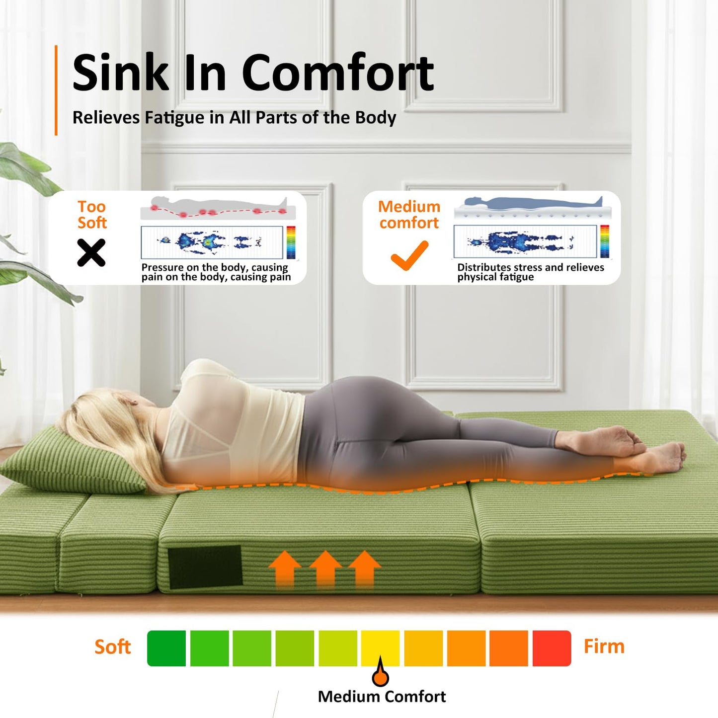 JKMAX Single Size Folding Sofa Bed - 4 in 1 Convertible Sleeper Chair - High Density Memory Foam Futon Couch - Foldable Bed for Living Room Bedroom (Green)