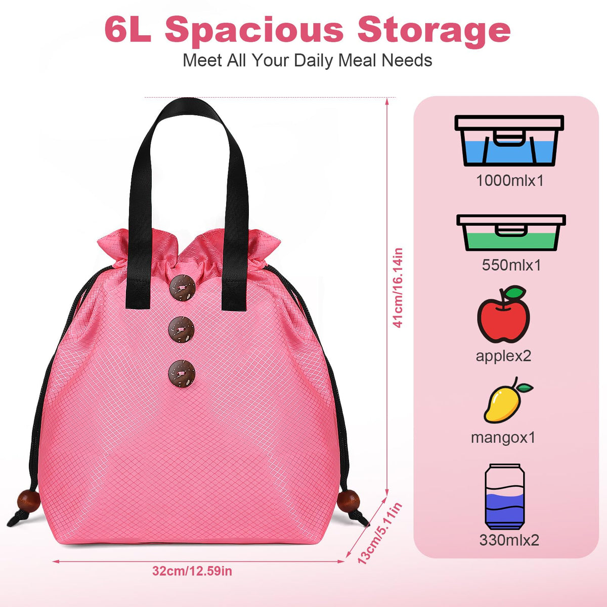 Jiamusi Drawstring Insulated Lunch Bag - 6L Thermal Food Tote with Waterproof Lining for Office & Commute