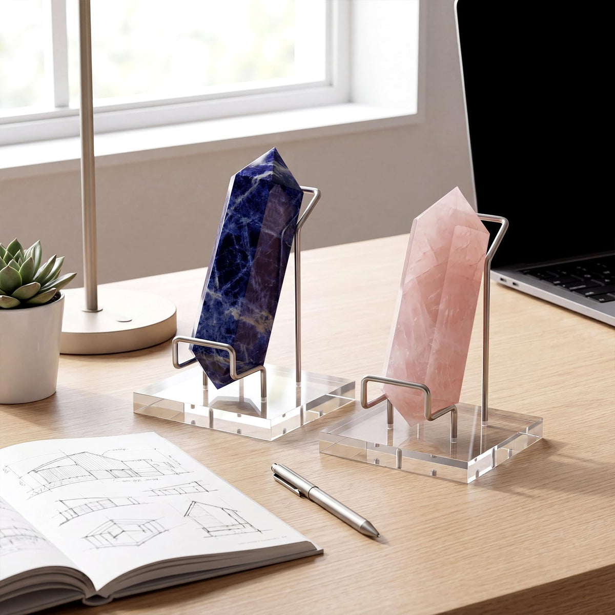 RattanView 2 Pcs Rock Display Stand Crystal Display Stand Clear Adjustable Metal Arms with Acrylic Base for Crystals Rocks Gemstones Mineral Stone Specimens Collectible, 2.5 x 2.5 x 3.2 Inches