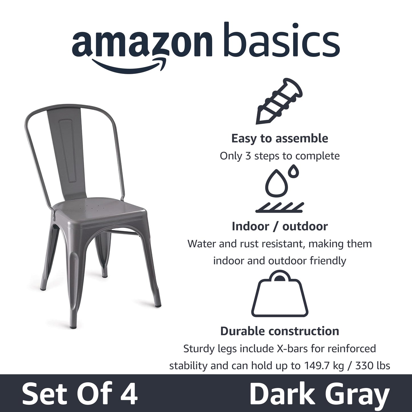 Amazon Basics Metal Dining Chairs, Easy to Assemble, Indoor/Outdoor, Stackable, 330-Pound Capacity, Dark Gray, 4-Pack, 20.1 x 17.1 x 33.5 inches