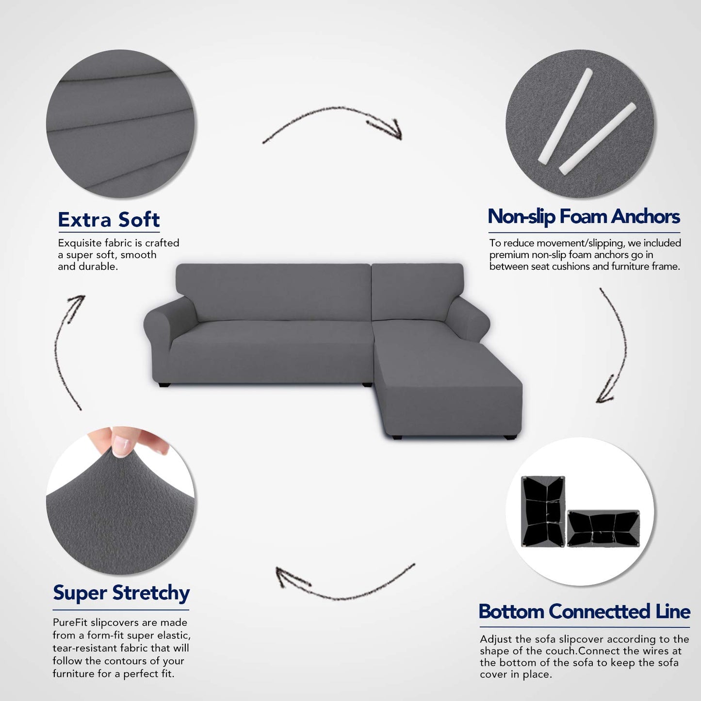 PureFit Super Stretch Sectional Couch Covers - 2 pcs Spandex Non Slip Sofa Covers with Elastic Bottom for L Shape Sectional Sofa Couch, Great for Kids & Pets (3 Seat Sofa + 3 Seat Chaise, Gray)
