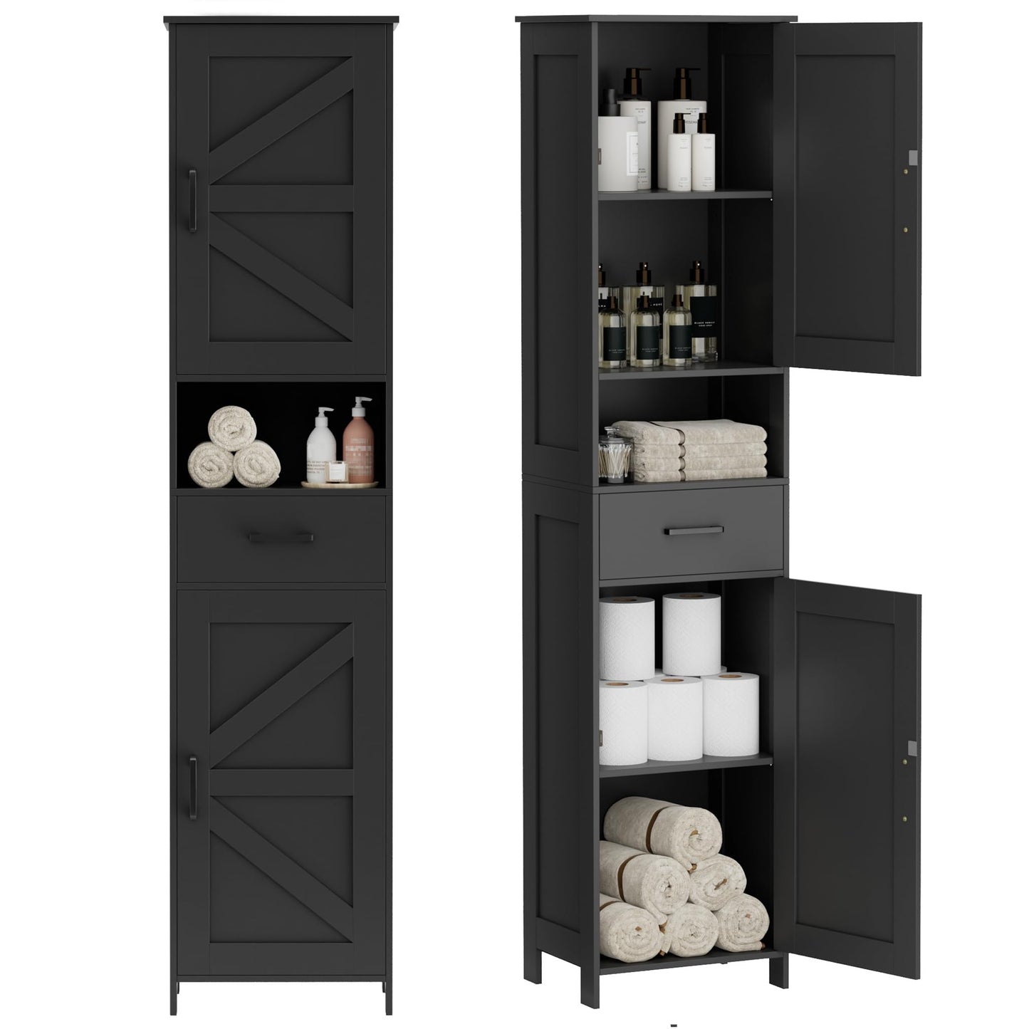 Homhedy 67" H Tall Bathroom Storage Cabinet with 2 Barn Doors and 1 Drawer, Narrow Storage Unit, Adjustable Shelves, Floor Cabinet for Bathroom, Living Room, Entryway, Kitchen, Black, (15.7" W)