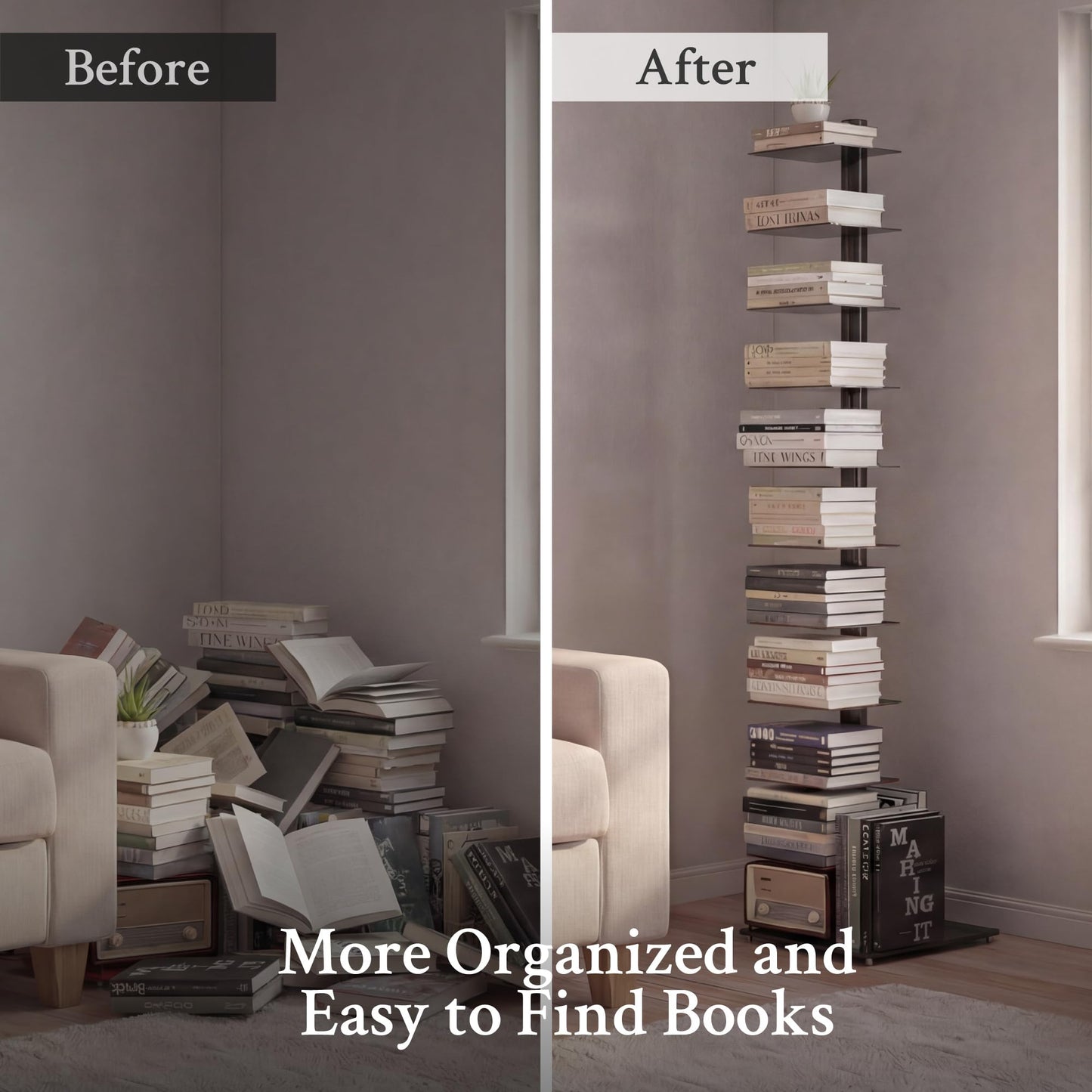 Suchtale 11-Tier Spine Bookshelf Tower,Tall Vertical Book Organizer,Metal Floor Standing Bookshelf for Small Spaces,Narrow Bookcase for Living Room,Bedroom & Office,Adjustable Shelf Directions,Black