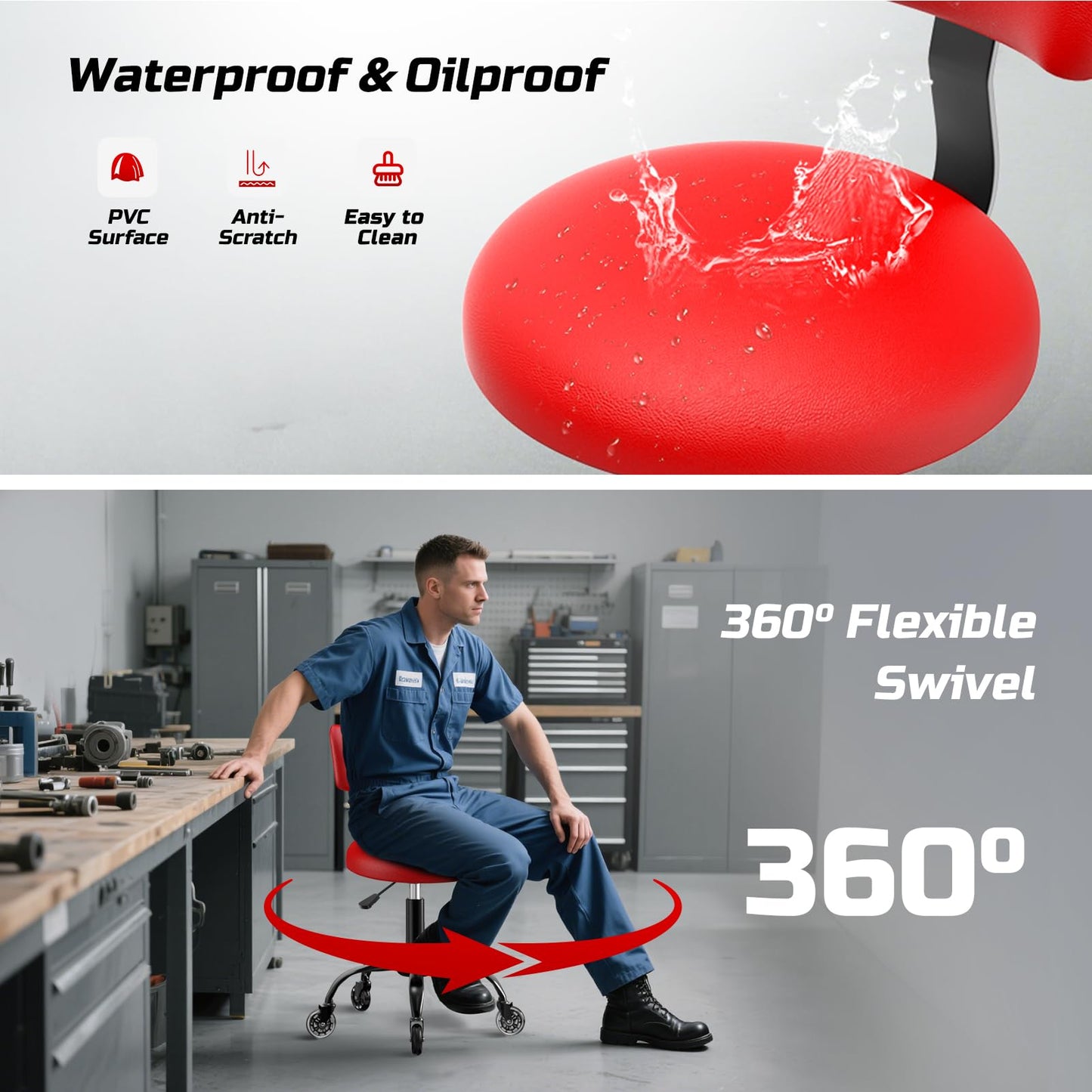 FreekyFit Rolling Shop Stool with Wheels, Mechanic Garage Short Stool Chair with Adjustable Height 15.55"-18.3", Heavy Duty Swivel Roller Seat for Garage, Salon and Tattoo Beauty, Red