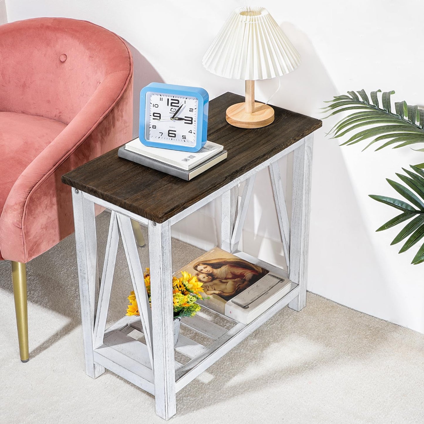 FEUFOAM Farmhouse End Table Narrow Side Table Living Room Slim End Tables with Storage Shelf 2 Tier Nightstand for Bedroom Hallway Dormitory, Rustic Brown and White