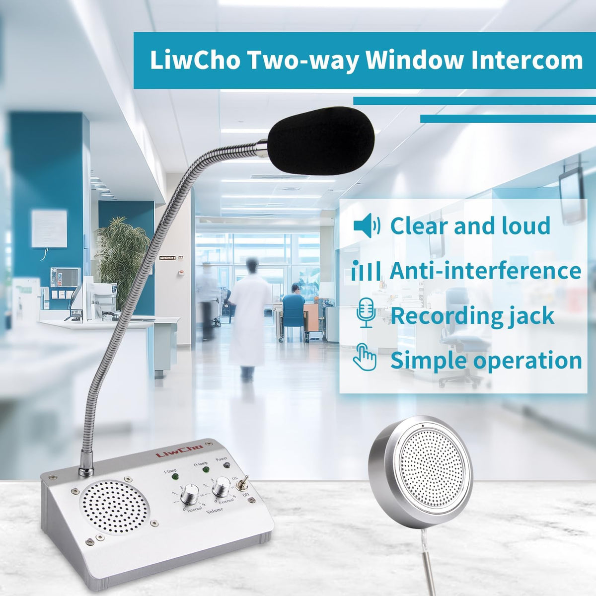 LiwCho Dual-Way Window Intercom System,High Power Speaker,Microphone Speaker for Teller Window, Two Way Interphone for Bank,Hospital,Business,Office.