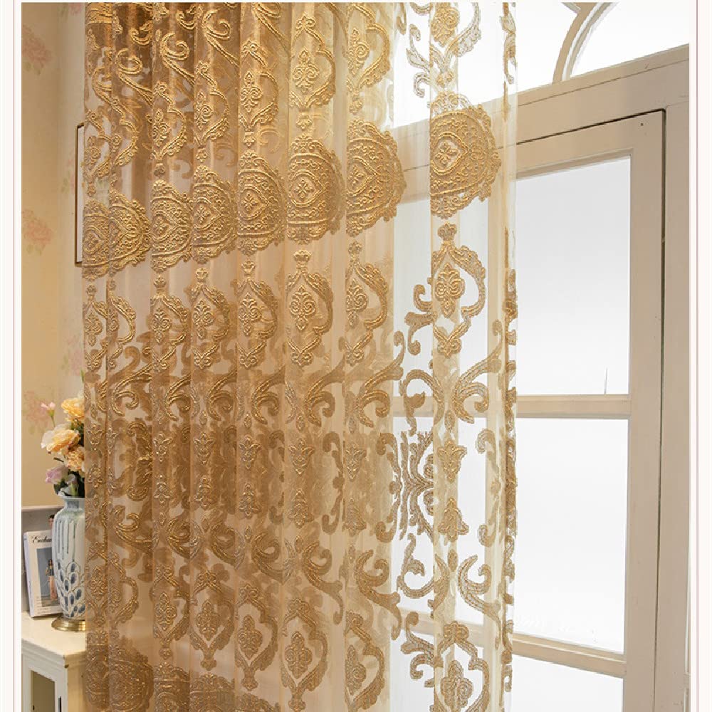 Amidoudou 1 Pair Luxury European Sheer Curtains Hollow Embroidered Tulle Curtains for Bedroom Living Room (Gold,54x96 Inch)