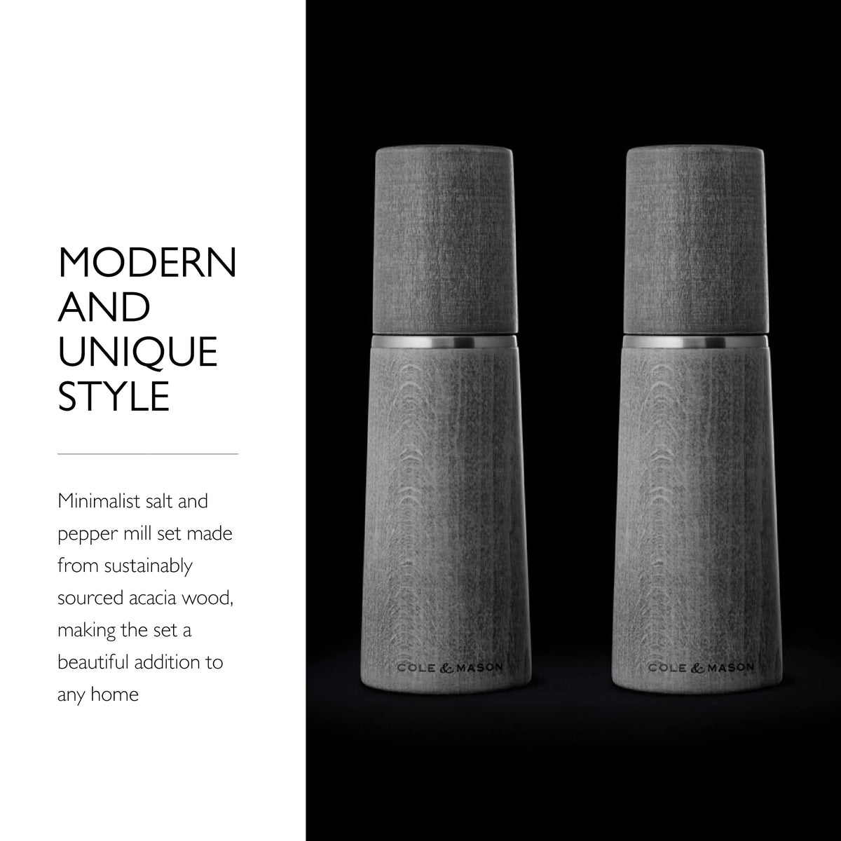 Cole & Mason Marlow Wood Mill Set - Balanced Salt and Pepper Grinders - Refillable Spice Tools - Adjustable Salt and Peppercorn Grinder Settings - Dark Grey