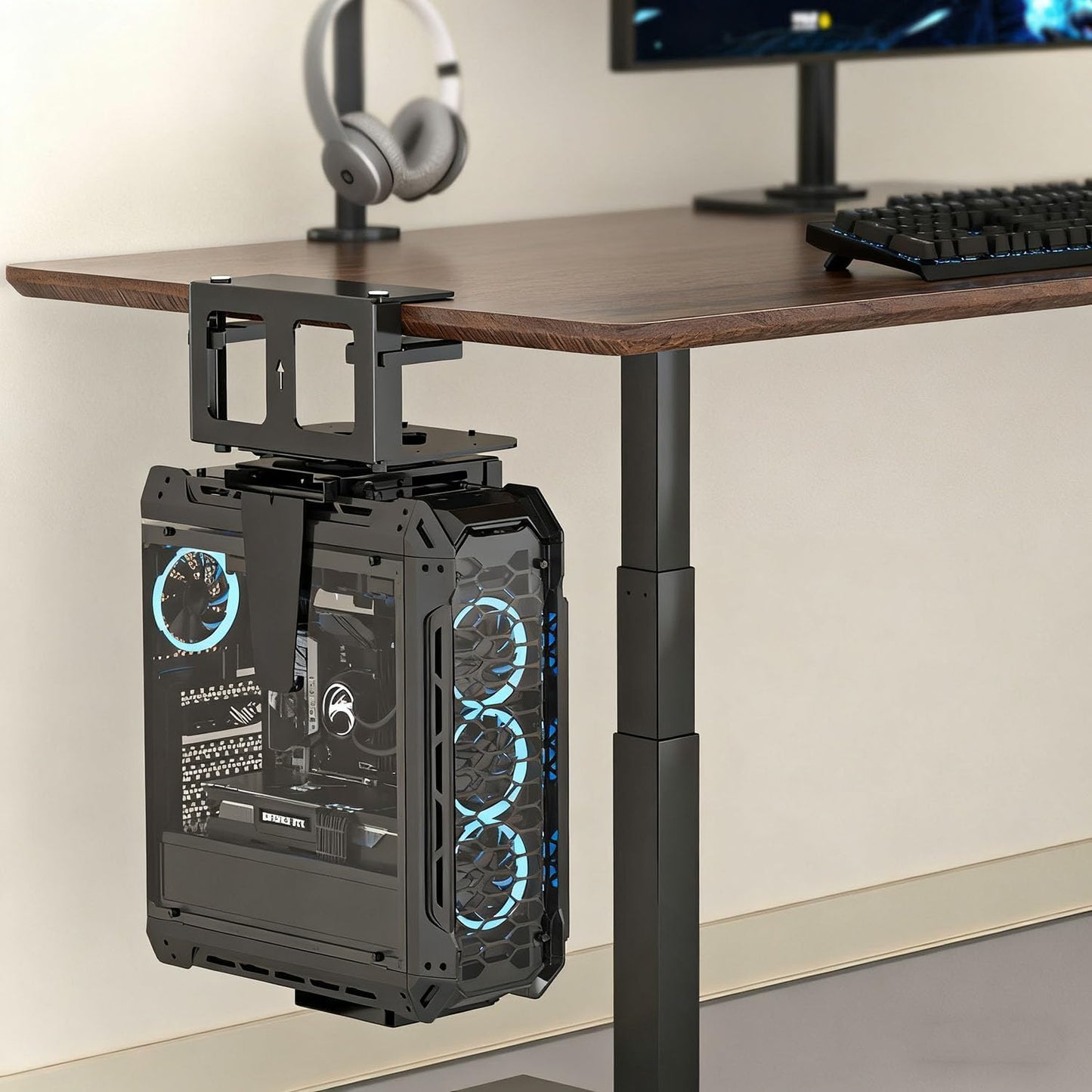 Under Desk PC Mount, Adjustable Computer Tower Stand for Full Tower Gaming Cases Tempered Glass Compatible, Heavy Duty Steel CPU Bracket, 3 Installation (Clamp/Leg/Grommet), Fits 5.2in Desks (B)