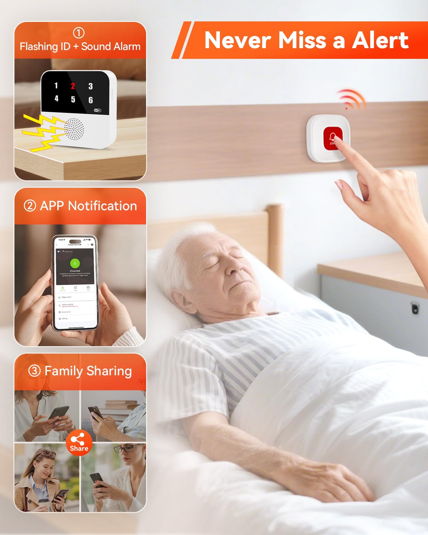 PILSAMSA WiFi Caregiver Pager Wireless Call Button with Flashing Caller ID & App Alerts, 3 Waterproof Panic Button, Medical Alert Systems for Seniors No Monthly Fee, Alert Button for Seniors at Home