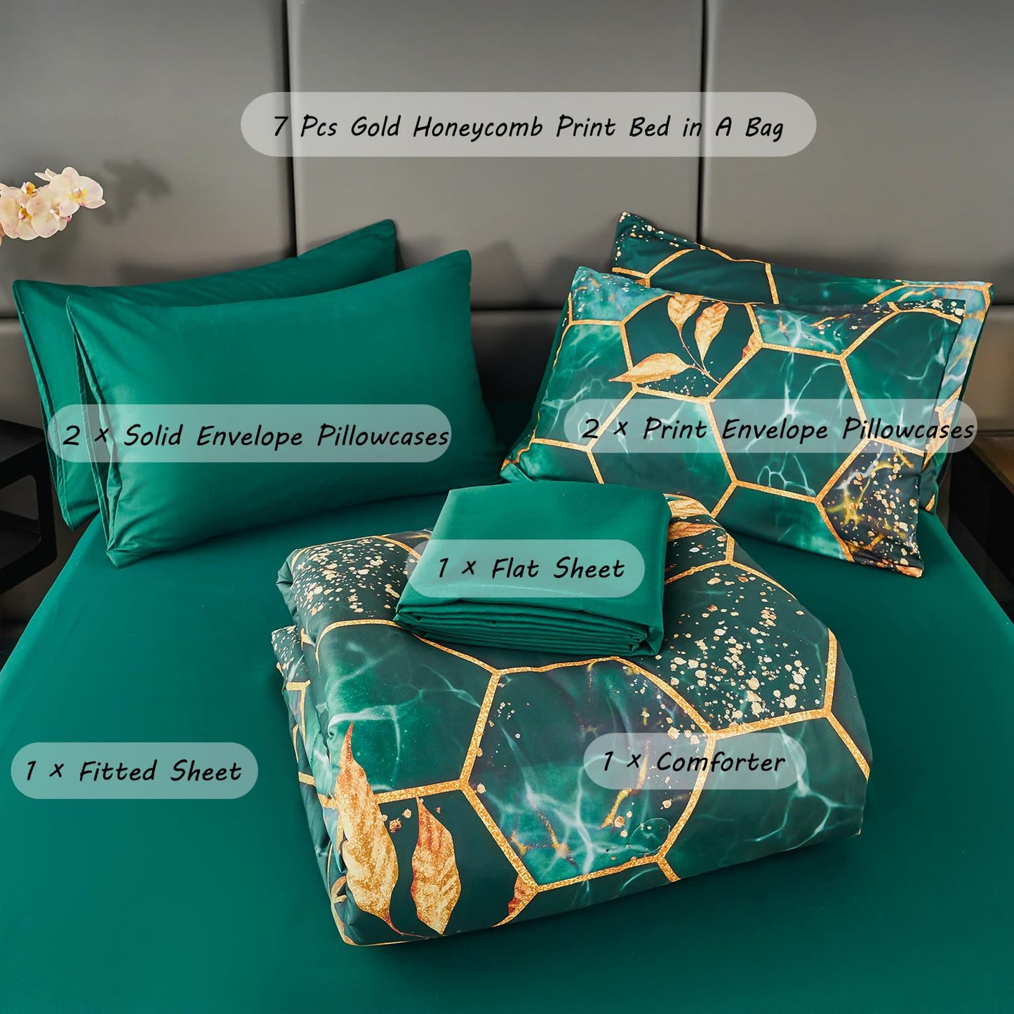ZRNBAST Dark Green King Size Comforter Set Geometric Honeycomb-7 Piece Bedding Set with Gold Trim Print Pattern All Season Marble Hexagon Bed in A Bag with Sheets (Emerald Green, King)
