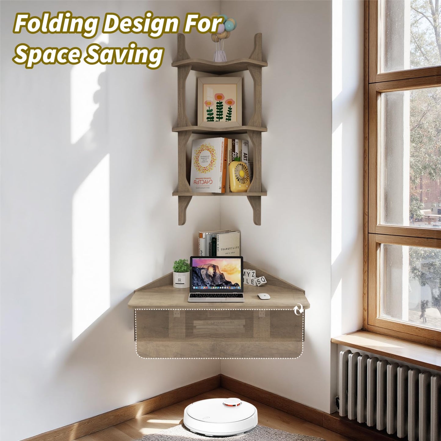 Pmnianhua Floating Corner Desk,Wall Mounted Table with Shelves,Folding Corner Shelf,Wall Corner Shelf for Small Space Computer(Rustic Grey)