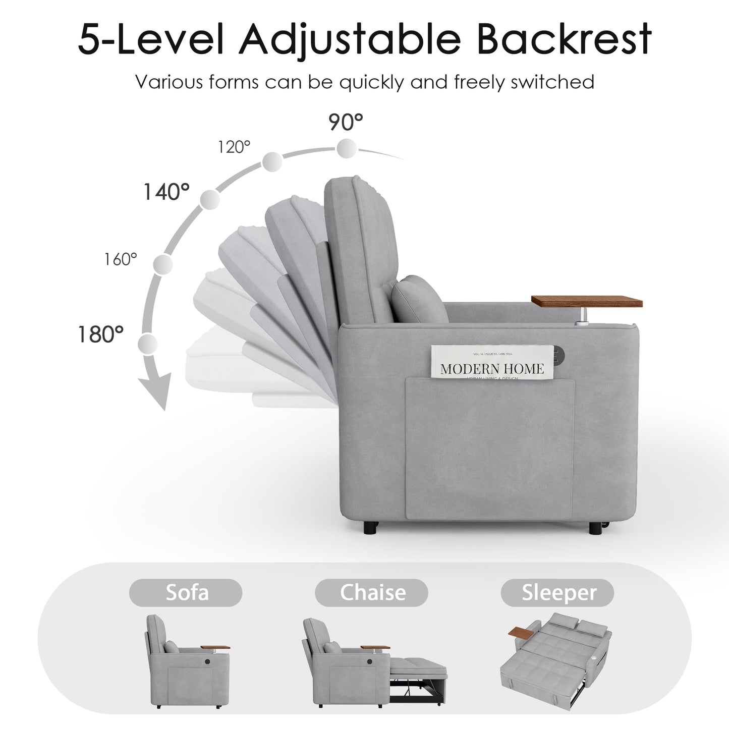 tiramisubest 54'' Sleeper Sofa Bed, Convertible Pull Out Couch Futon for for Living Room,Apartment (Midgrey) Side Desk, USB Ports, Cup Hold, Velvet Fabric, Adjustable Backrest, Easy Assembly