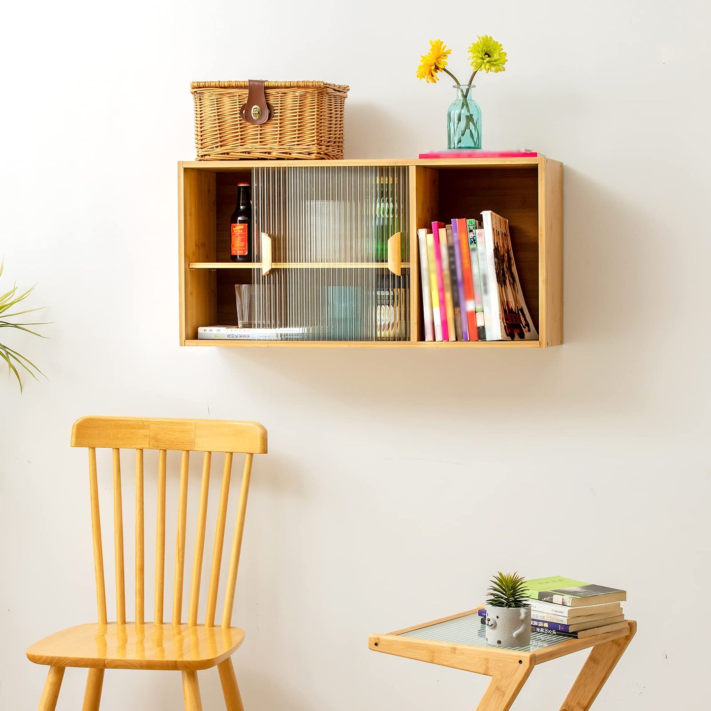 HollyHOME Bamboo Wall Mounted Kitchen Pantry Sideboard with 2 Doors and Adjustable Shelves, Freestanding Wall Storage Cabinet with Shelf for Bottle, Dish, Bowl, Console Dining Cupboard, Burlywood