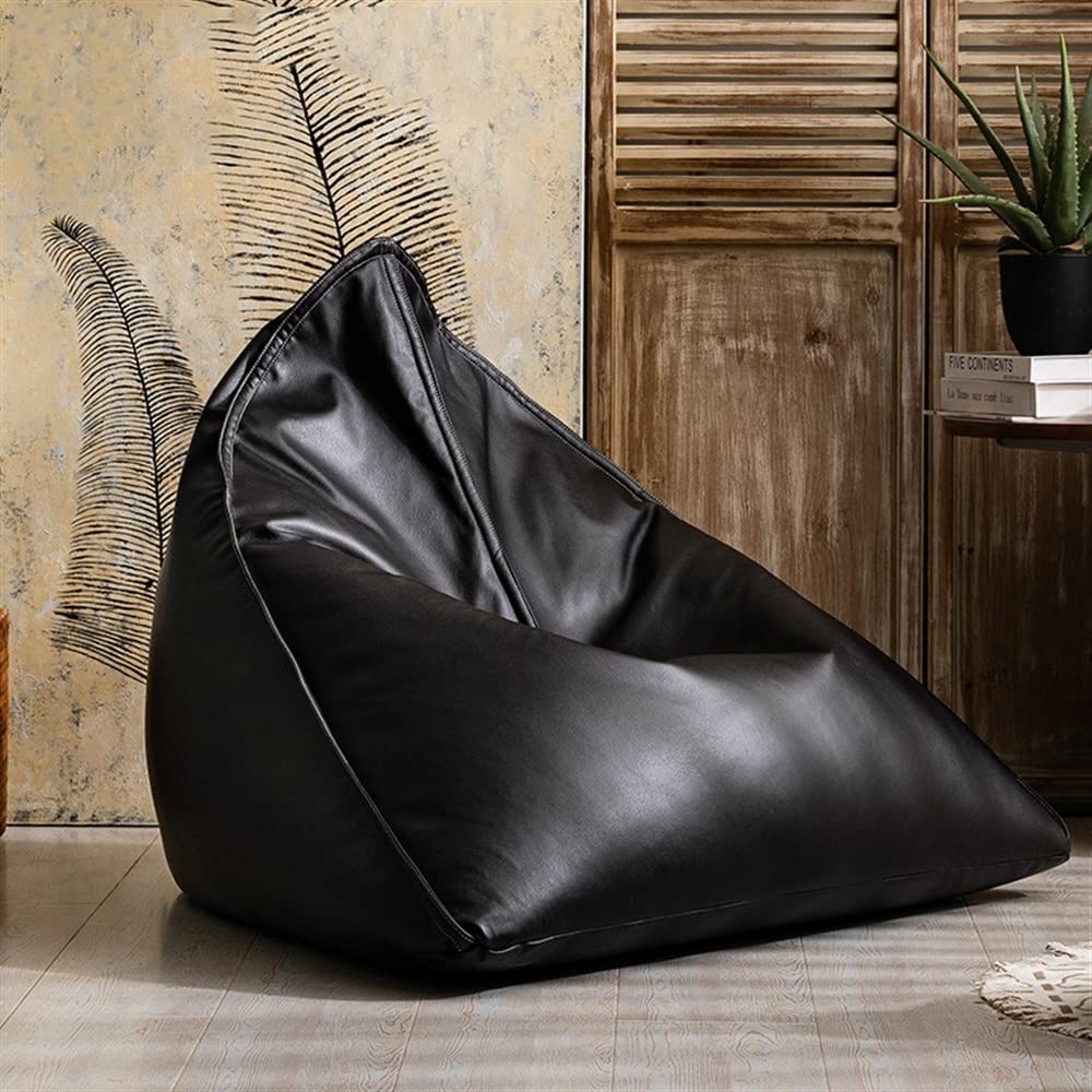 SXBCyan Big Luxury Triangle Pouf Cover Faux Leather Bean Bag Cover No Filler Floor Seat Beanbag Chair Pouf Ottoman Single Sofa Furniture (Color : Black, Size : Empty Pouf Cover)