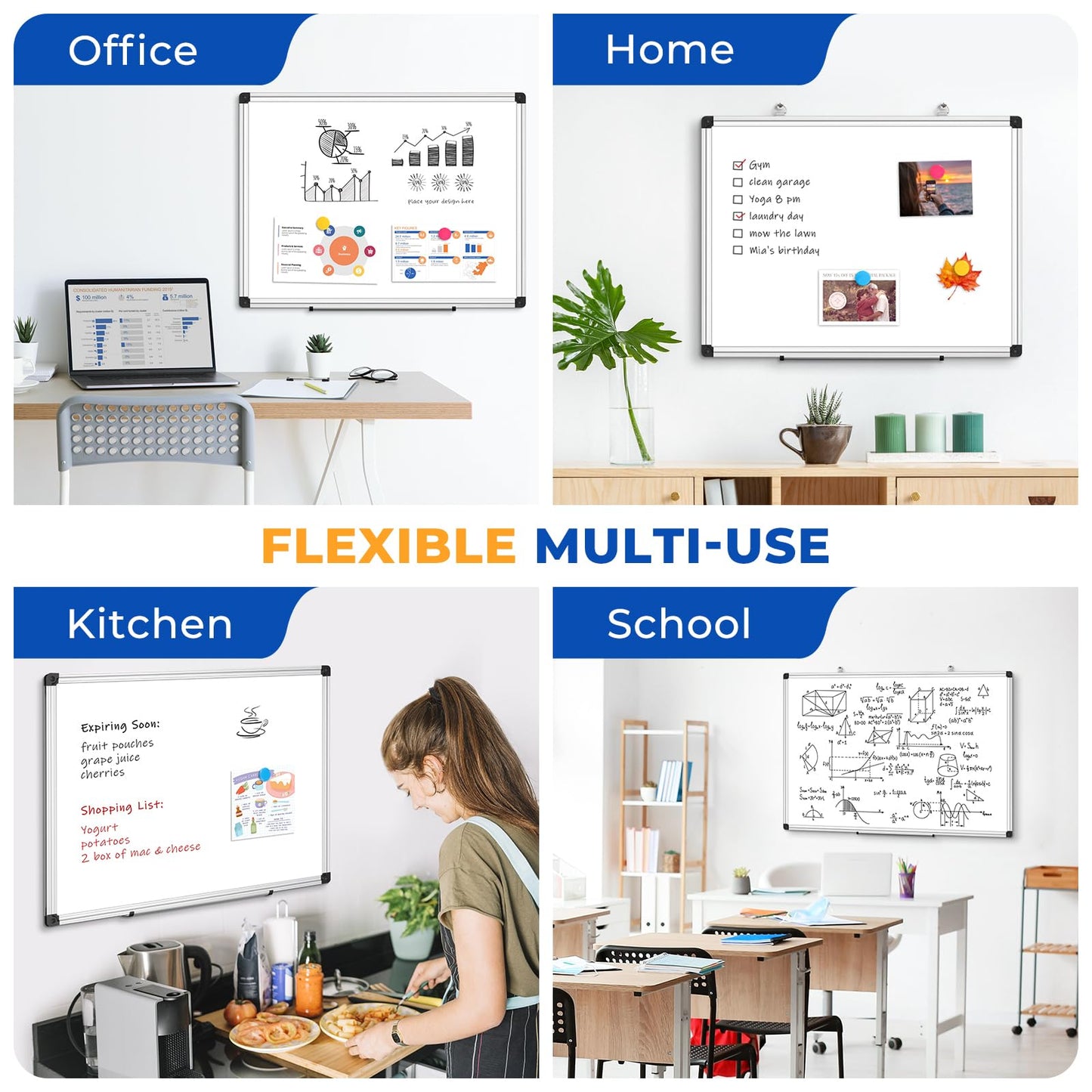 WALGLASS Double Sided White Board Dry Erase, 36''x24'' Magnetic Whiteboard for Wall with Aluminum Frame, Hanging Wall Mount Board for Home Office School Kitchen