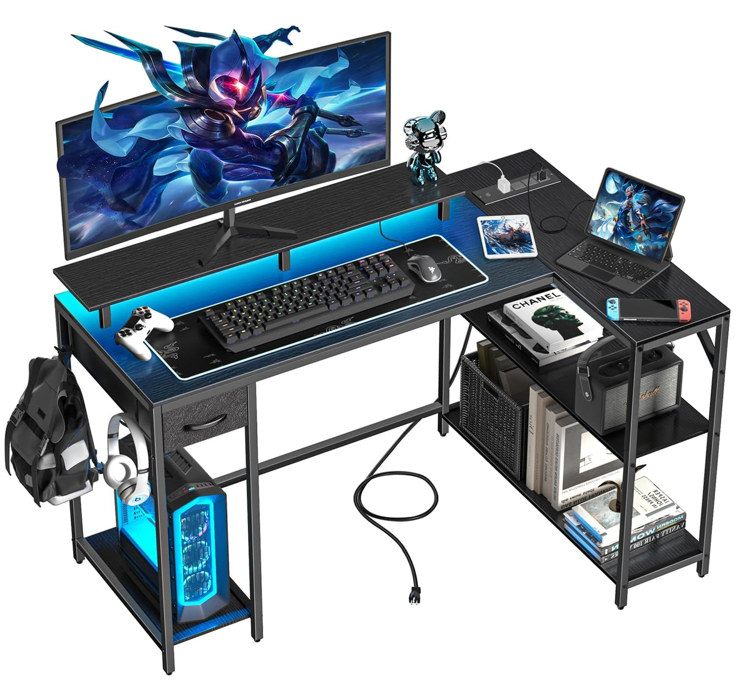 Eivanet L Shaped Gaming Desk with Power Outlet & Led Light, 47 inch Reversible Computer Desk with Shelves, Hooks, and Drawer, Cornor Home Office Desk Table for Living Room, Bedroom, Black