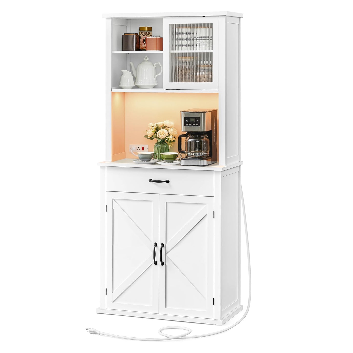VASAGLE LIRY Collection - 71-Inch Tall Kitchen Pantry Cabinet with Lights and Charging Station, Coffee Bar Cabinet with Doors and Drawer, Farmhouse Style, Adjustable Shelves, Cloud White UBBK363W11