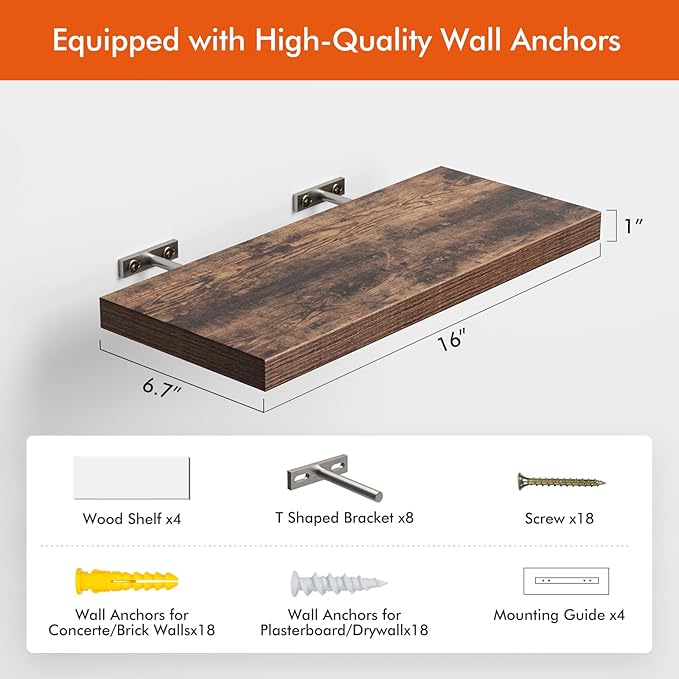 YUFLINX 16’’Rustic Brown Floating Shelves