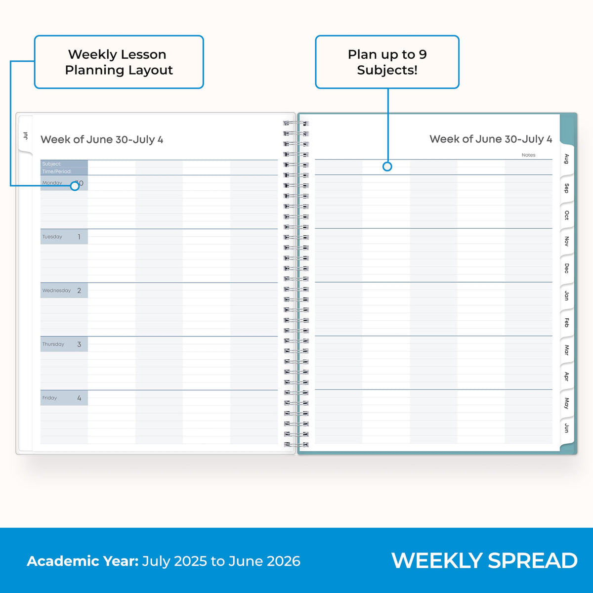 Blue Sky 2025-2026 Weekly and Monthly Academic Year Teacher Lesson Planner Calendar, July 2025 - June 2026, 8.5" x 11", Flexible Cover, Wirebound, Laminated Tabs, Storage Pocket, Dots