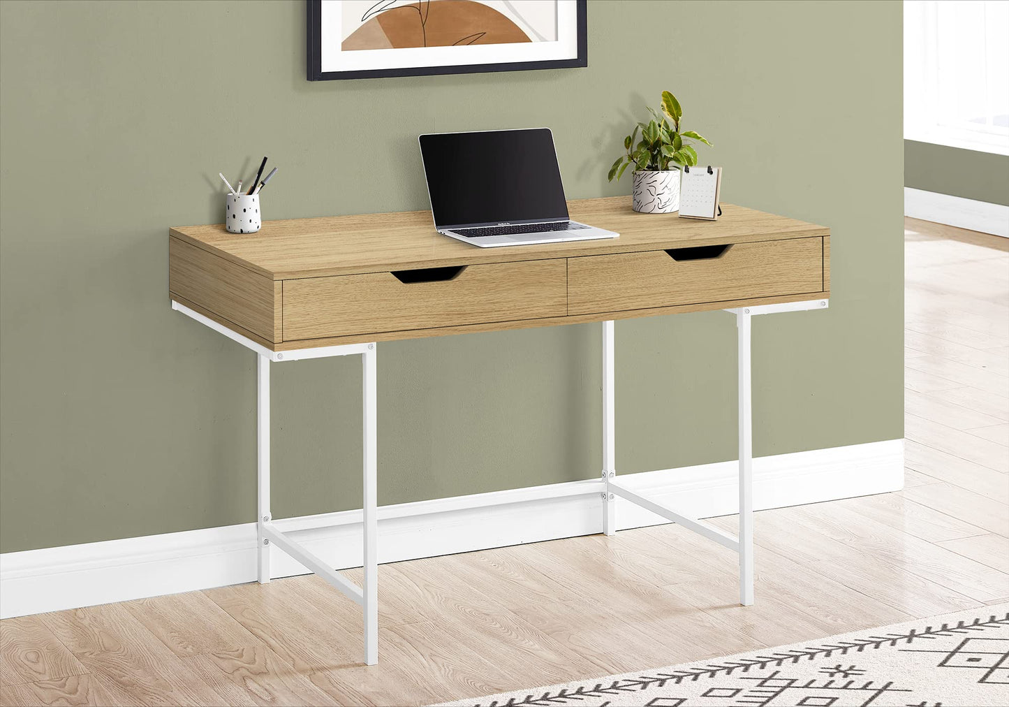 Monarch Specialties I 7569 Computer Desk, Home Office, Laptop, Storage Drawers, 48" L, Work, Metal, Laminate, Natural, White, Contemporary, Modern