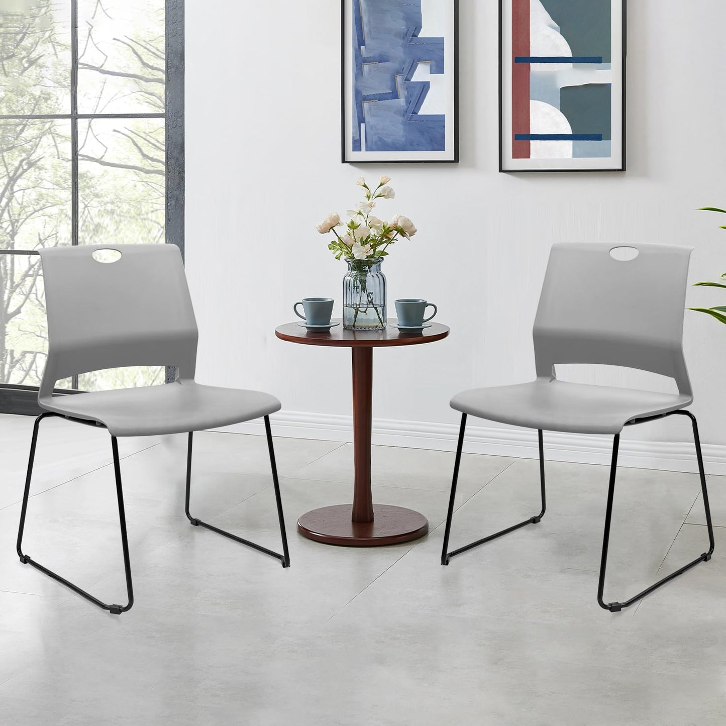 KLASIKA Stackable Guest Reception Chairs, Stacking Office Chair with Ergonomic Lumbar Support & Metal Legs, Plastic Desk Chairs for Conference School Church Waiting Meeting Break Room Set of 4, Gray