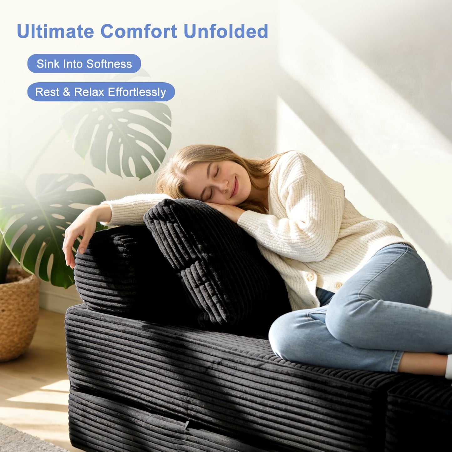 ANONER Sectional Cloud Couch, Folding Sofa Bed with Memory Foam & Pillow, Convertible Futon Chair Floor Couch, Boneless Chaise Lounge, Fold Out Sleeper Chair for Living Room, Bedroom, Black