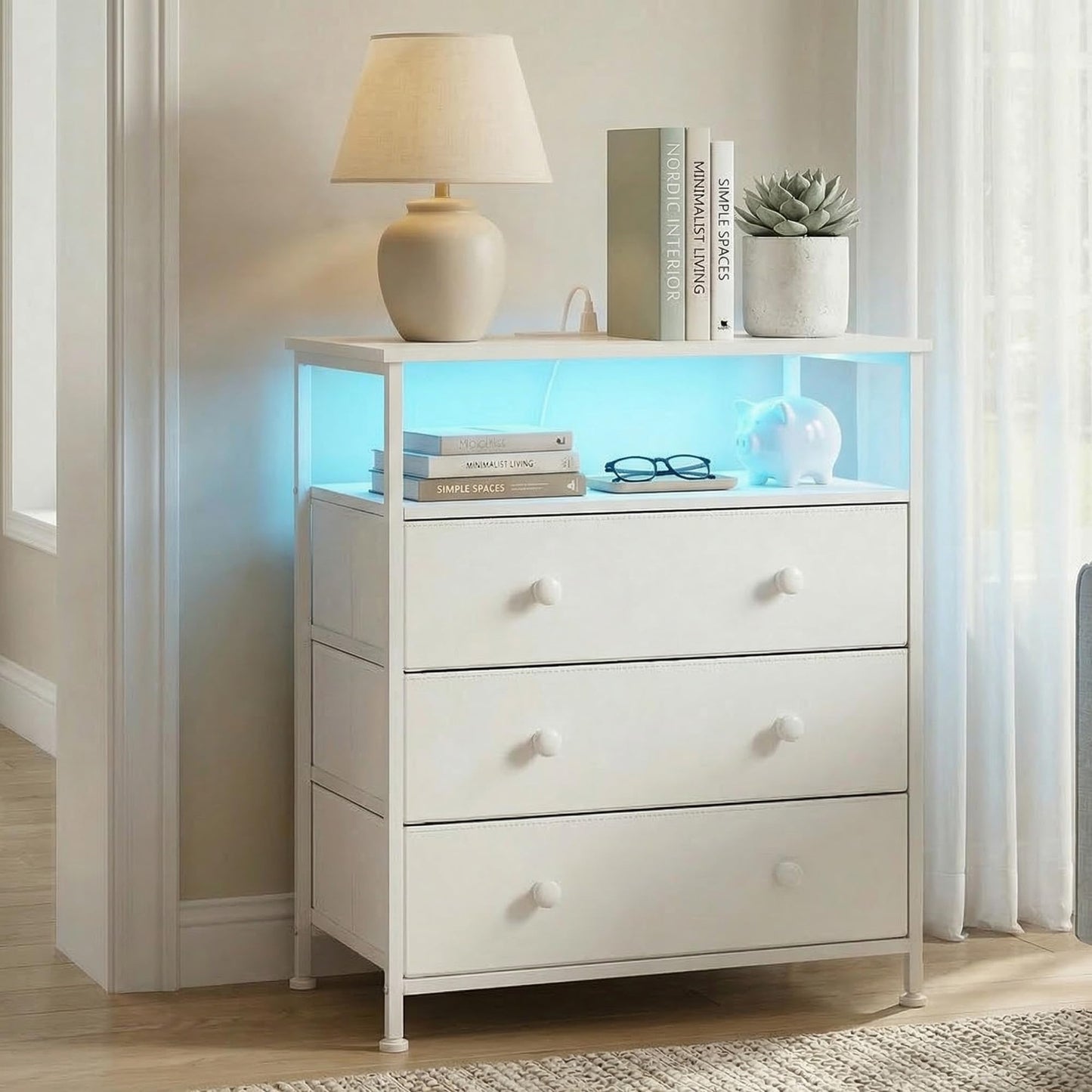 PATAVOT 3 Drawers Dresser with Charging Station, 24 Inch Wide LED Night Stand with Adjustable Fabric Drawer, Nightstand with Storage Shelf for Living Room/Bedroom/Office, White.