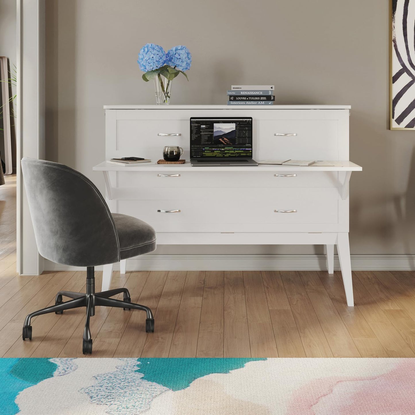 Maykoosh Full Murphy Bed Desk with 6" Mattress & Built in Charger in White