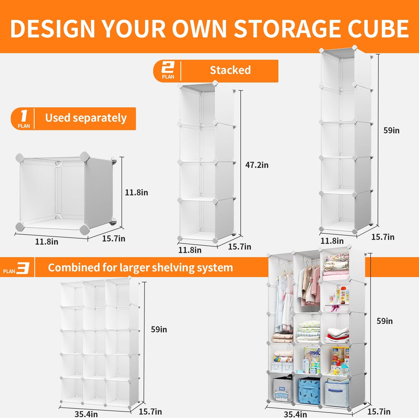 deijiner Modular Baby Wardrobe Closet, Portable Children Organizers and Storage for Nursery,15 Cubes with Hanging Rods,Multi-Functional Kids Storage Shelf-Bedroom Clothes Armoire (Boys & Girls)