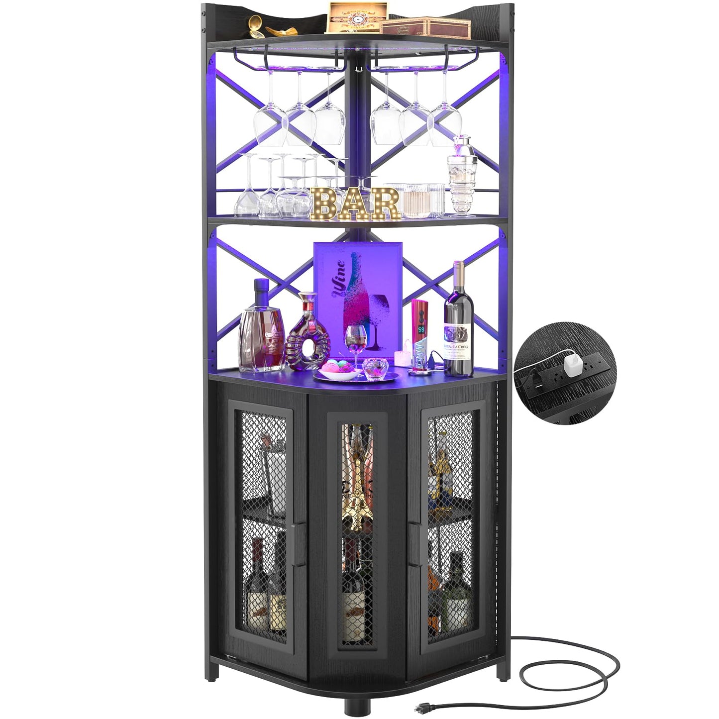 Aheaplus Corner Bar Cabinet with Power Outlet, Industrial Wine Cabinet with LED Strip and Glass Holder, 5-Tiers Liquor Cabinets Bar Unit for Home, Corner Display Cabinets for Small Space, Black