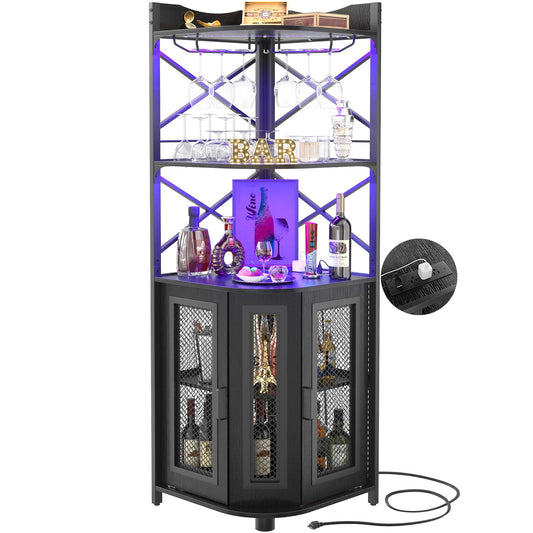 Aheaplus Corner Bar Cabinet with Power Outlet, Industrial Wine Cabinet with LED Strip and Glass Holder, 5-Tiers Liquor Cabinets Bar Unit for Home, Corner Display Cabinets for Small Space, Black