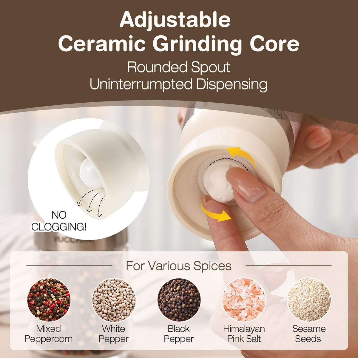 Vucchini Salt and Pepper Grinder Set with Adjustable Coarseness Ceramic Pepper Mill Manual Effortless Salt Grinder Spice Grinder for Home, Kitchen, Beige