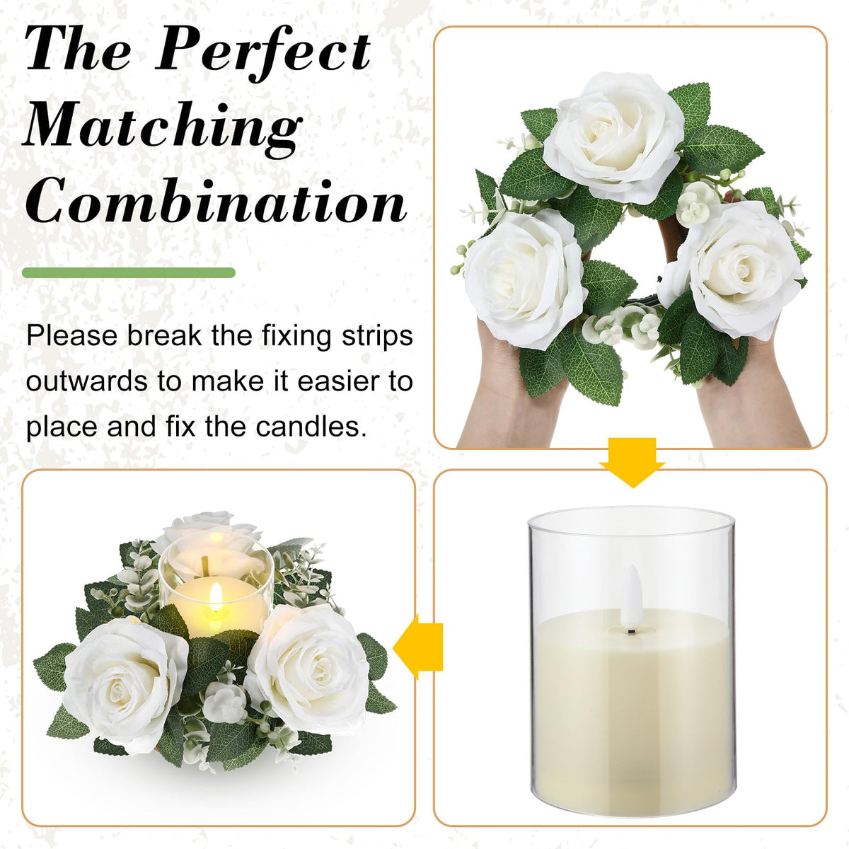 Yunlly 32 Pcs Rose Candle Rings with Flameless Candles Sets, Artificial Flower Eucalyptus Wedding Centerpiece 3 Inch Pillar Candleholders Wreaths for Wedding Party Mother's Day (White)