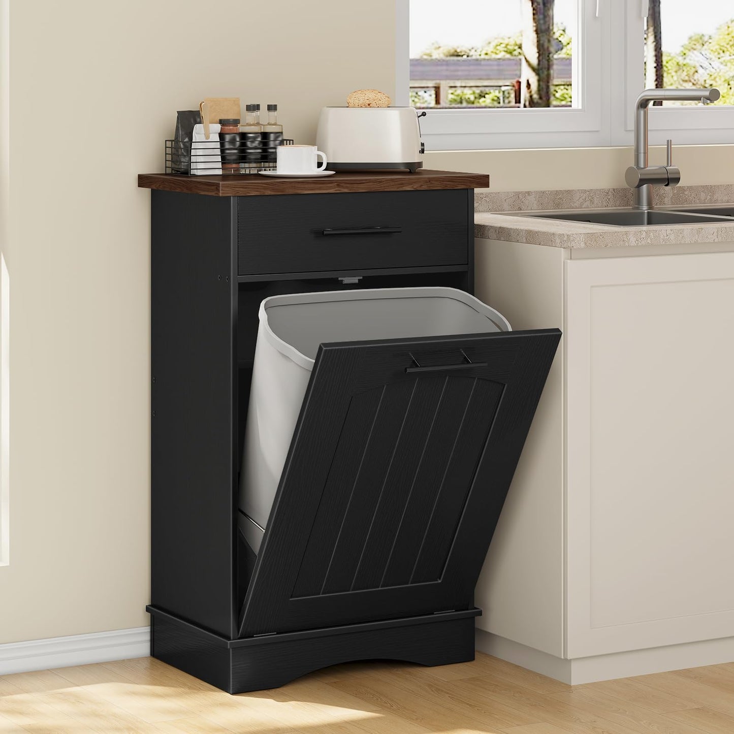 HOOBRO 10 Gallon Tilt Out Trash Cabinet, Kitchen Trash Can, Trash Bin Storage, with Flip Door and Large Drawer, Hidden Laundry Hamper Cabinet, for Kitchen, Laundry, Black and Walnut BH02LJ01