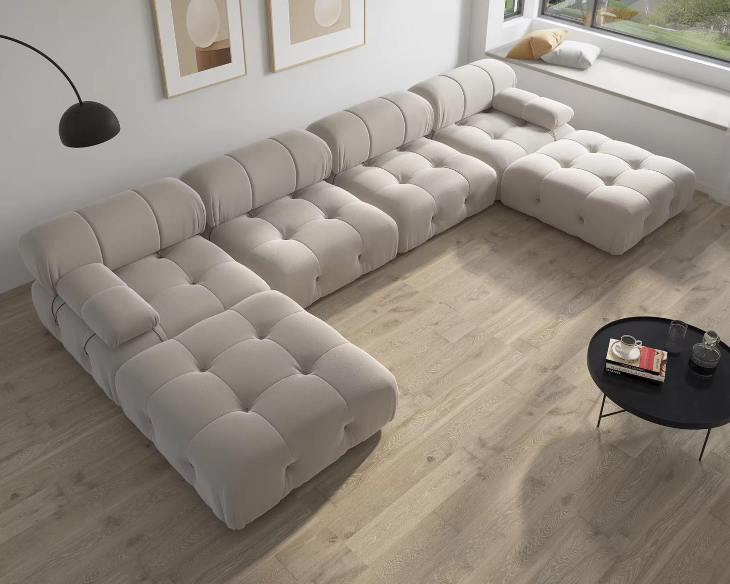 DUYHBAWRS Luxury 6-Seat Couch Modern Sectional Sofas Living Room U-Shaped Minimalist Velvet Fabric Large Beige Sofa Couches Chaise Ottomans for Household，Business，Parlour，Lobby, Reception Room(White)