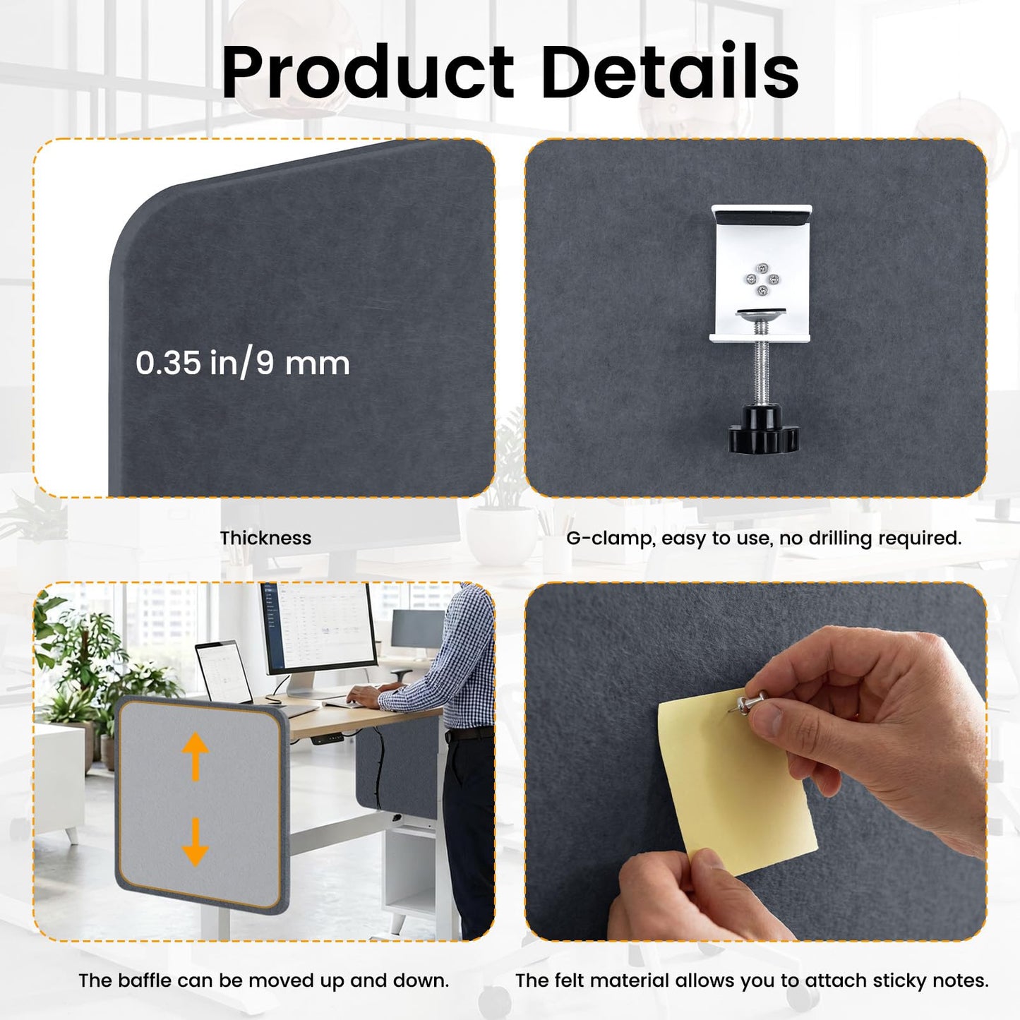 Desk Divider, Clamp On Felt Desk Privacy Panels, Acoustic Sound Absorbing Desk Partition for Office Desk, Reduce Distractions, Dark Gray, 1 Pack, 24 x 24 in